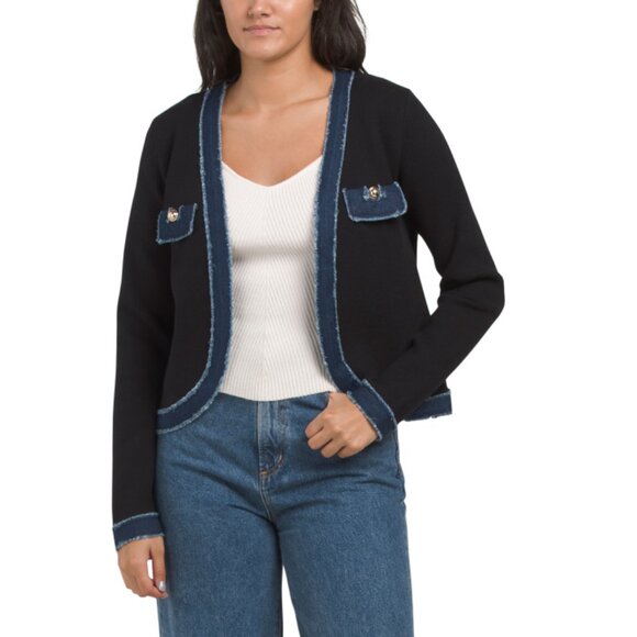 NANETTE NANETTE LEPORE Black/denim Sweater Jacket With Denim Trim